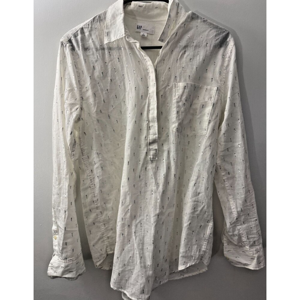 Gap Boyfriend Fit White Button Up Bling Top Shirt Women's Small Crisp Angelic